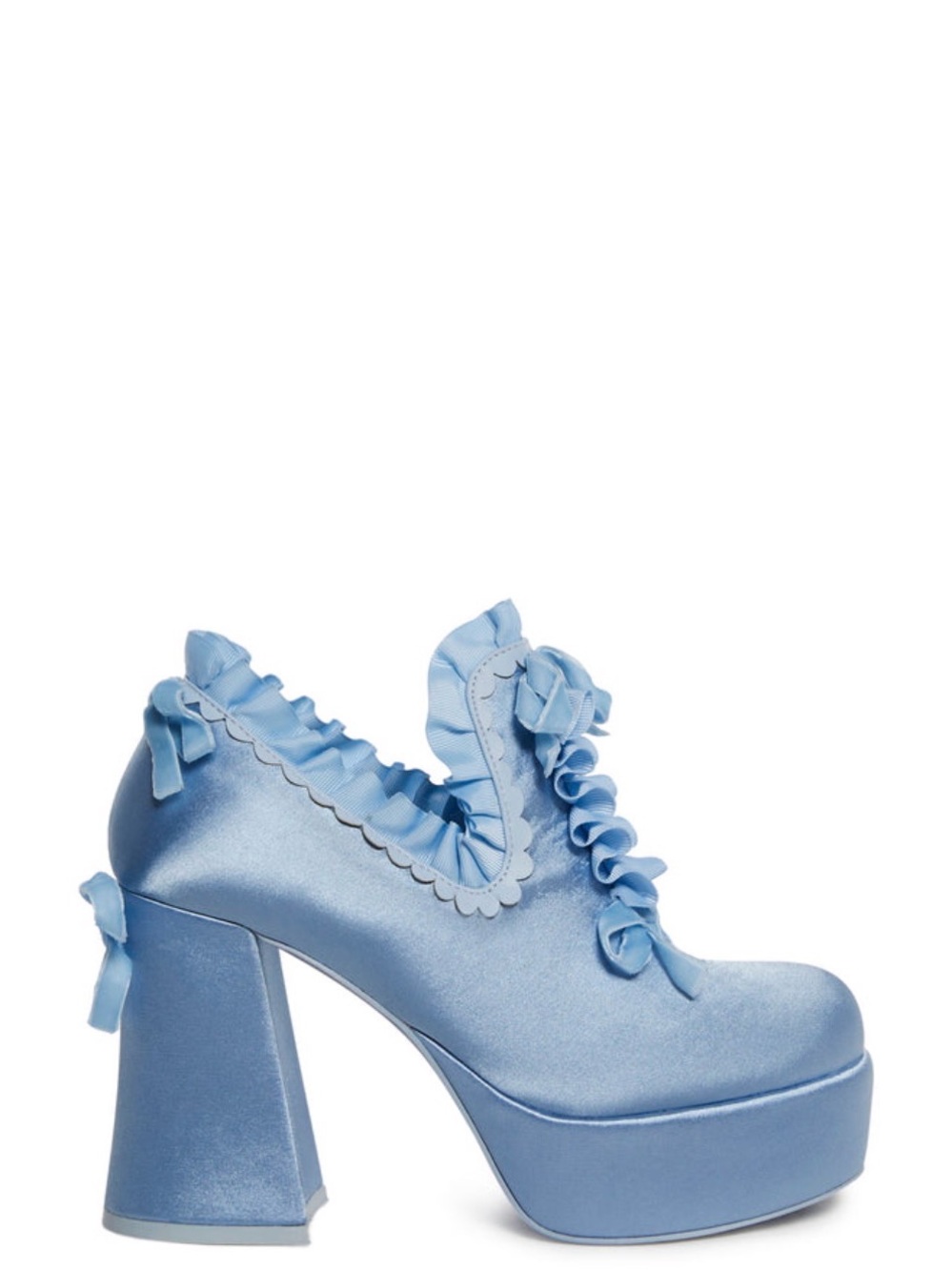 Dolls Kill Light Blue Satin Ruffle Platform Heels and Dress with Wig all include